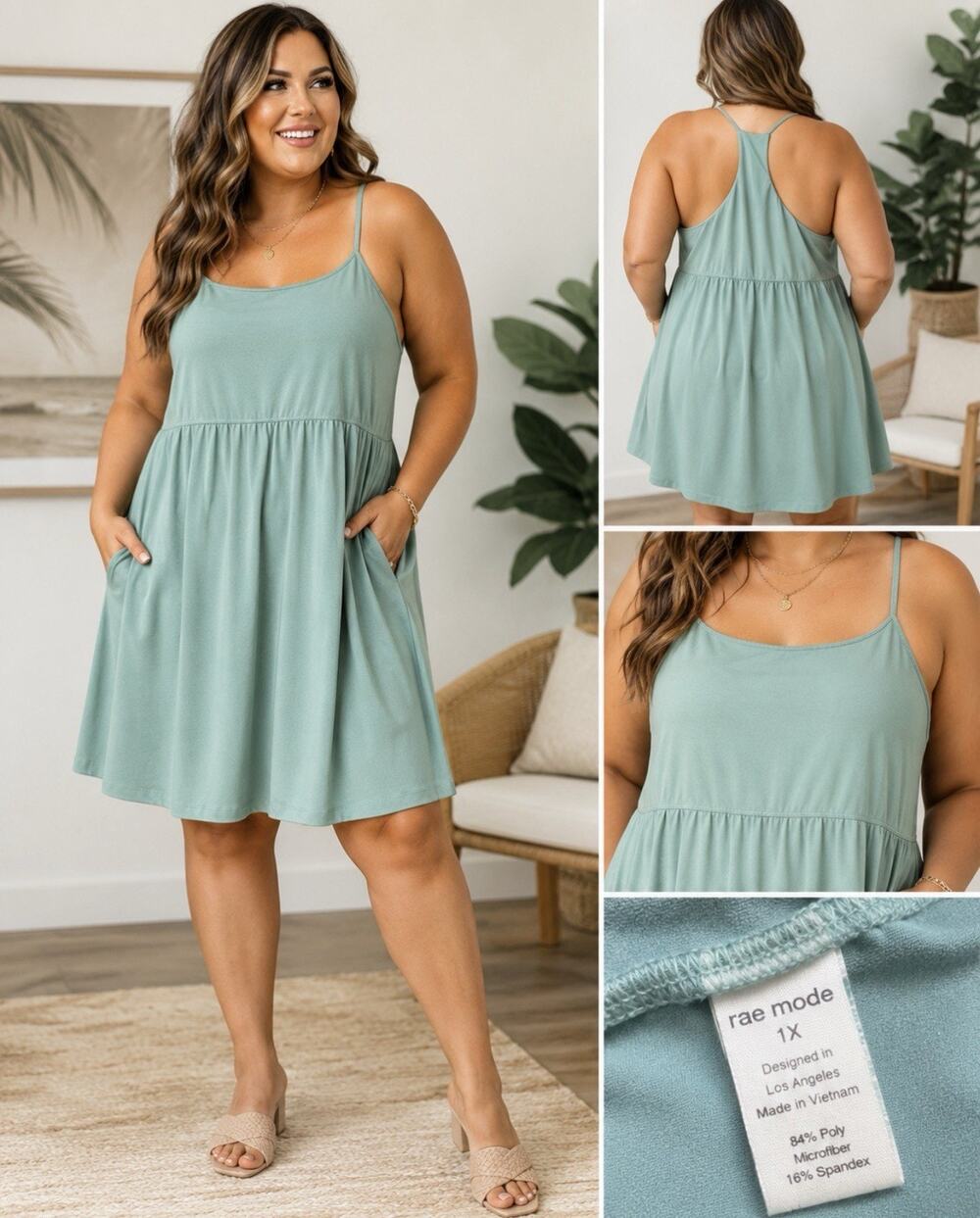 Rae Mode Dress Womens 1X Mint Green Racerback Swing A-Line Stretch Casual